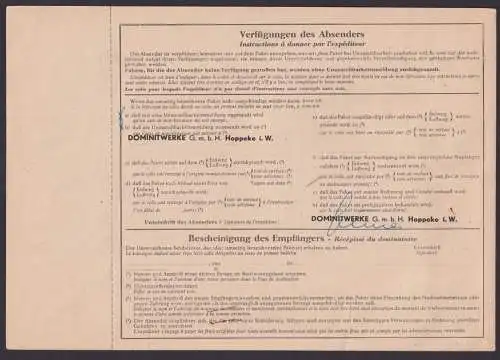 Bund Brief MEF 264 Heuss HOPPECKE BRILON n. Brüssel Belgien Paketkarte 30.11.61