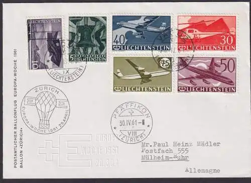 Briefmarken Liechtenstein Flugpost Ballon Vaduz + SST Zürich nach Mülheim Ruhr