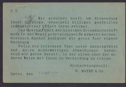 Ägypten Postkarte EF nach Barmen 28.10.1921