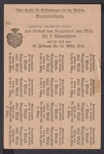 Leipzig Deutsches Reich Lebensmittelkarte 1. Weltkrieg für Roggenbrot oder Mehl