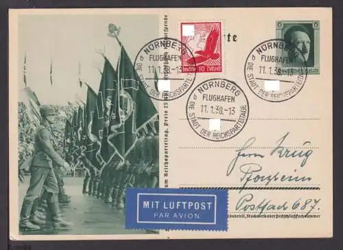 Flugpost airmail Deutsches Reich Ganzsache Hitler + ZUF Flugpost SST Nürnberg