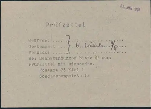 Kiel Post Postsache 2 verschied. Belege 1969 Schleswig Holstein Prüfzettel u.a