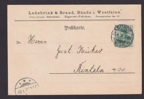 Deutsches Reich Bünde Reklame Postkarte Eindruck Ledebrink & Brand Rinteln 1903