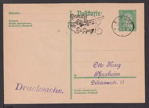 Flugpost airmail Deutsches Reich Ganzsache MaschSST Erfurt Benutzt Luftpost 1927