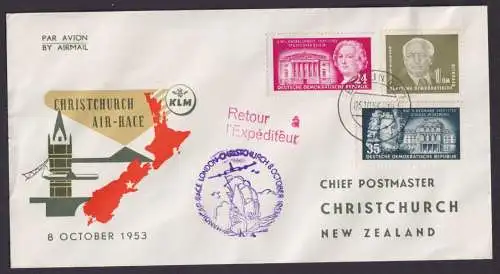 Flugpost Brief Air Mail DDR MIF Pieck u.a KLM AIR RACE Destiantion Christchurch