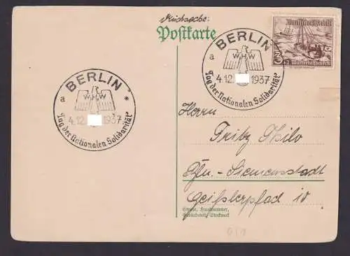 Deutsches Reich Postkarte Berlin SSt WHW Tag d. Nationalen Solidarität n. Berlin