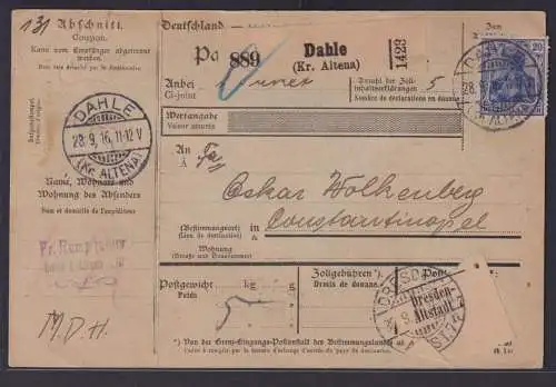 Deutsches Reich Brief Destination Dahle Altena via dresden n Constantinopel mit