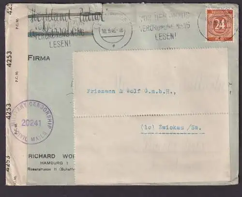 Briefmarken All. Besetzung Gemeinschaft Zensur Brief EF 24 Pfg. Hamburg Zwickau