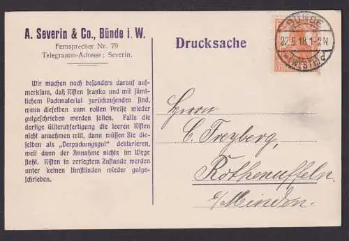 Deutsches Reich Bünde Reklame Postkarte Eindruck Severin & Co Rothenuffeln 1918