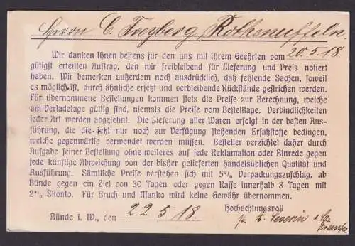 Deutsches Reich Bünde Reklame Postkarte Eindruck Severin & Co Rothenuffeln 1918