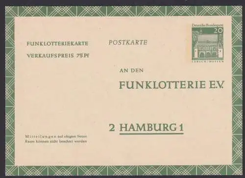 Bund Ganzsache Funklotterie FP 13 Bauwerke 20 Pfg. Lorsch Hessen Luxus