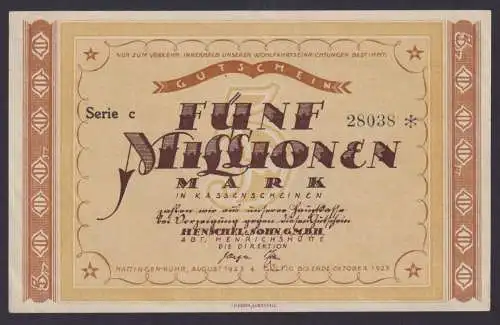 Banknote Geldschein Hattingen Ruhr 5 Mio Henschel Henrichshütte gute Erhg. kfr.