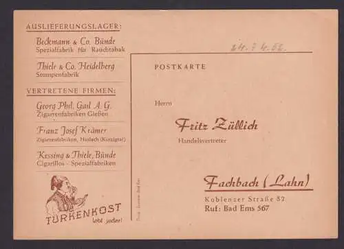 Bestellkarte Reklame Türkenkost Tabakwaren Firma Fritz Züllich Fachbach Lahn