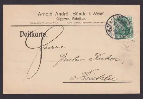 Deutsches Reich Bünde Reklame Postkarte Eindruck Arnold Andre Zigarren Fabrik