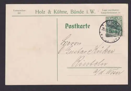 Deutsches Reich Bünde Reklame Postkarte Eindruck Holz & Kühne nach Rinteln 1913