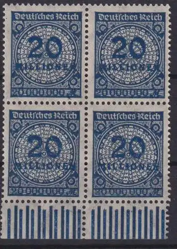 Deutsches Reich 319 20 Millionen Mark Viererblock 1923 mit Unterrand