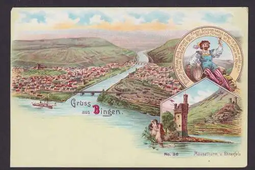 Litho Ansichtskarte Bingen Rheinland Pfalz Rhein Fluss Mäusethurm Ehrenfels