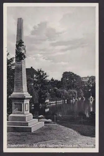 Ansichtskarte Bischofswerda Sachsen Alte Postmeilensäule am Mühlteich Adam