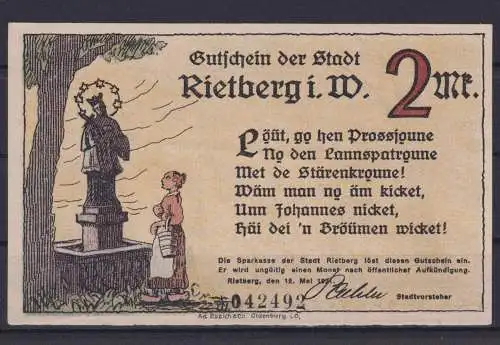 Banknoten Geldscheine Notgeld Rietberg Westfalen 5 Scheine 0,25 - 5 Mark