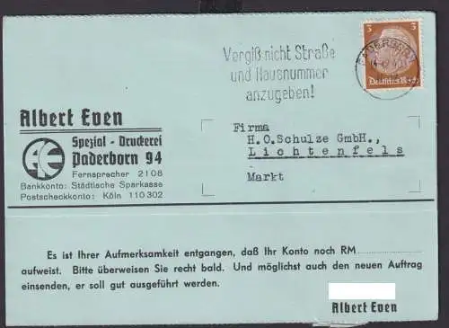 Paderborn NRW Deutsches Reich Drittes Reich Karte Postsache SST Vergiß nicht