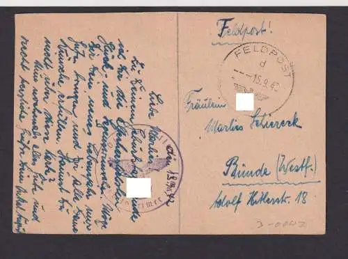 Mini Ansichtskarte 11,5 x 8,5 Feldpost n. Bünde Westfalen 15.09.1942