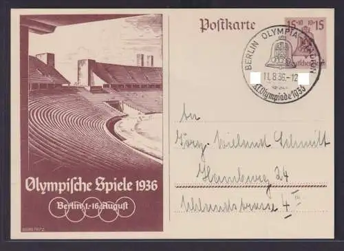 Deutsches Reich Olympia Ganzsache mit Sonderstempel Berlin Stadion nach Hamburg