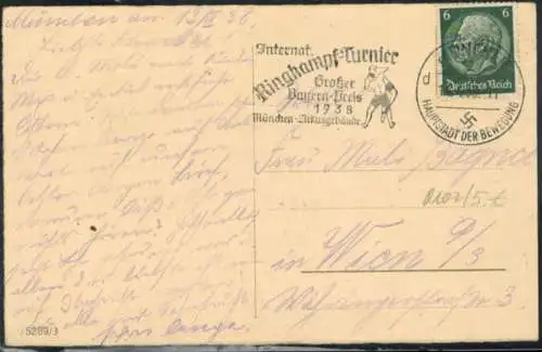 Sport 1938 seltener Sonderstempel Intern. Ringkampfturnier München Zirkusgebäude