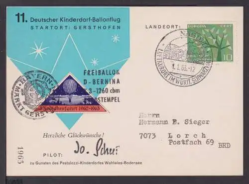 Flugpost Airmail Ballonpost Deutschland 1963 SST Neujahrsfahrt Kinderdorf