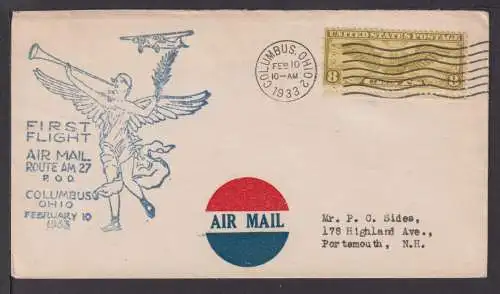 Flugpost Airmail USA Übersee 1933 SST First Flight Air Mail Route Columbus Ohio