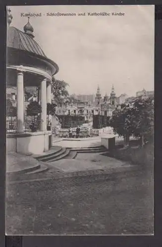 Ansichtskarte Karlsbad Tschechien Schlossbrunnen und Katholische Kirche