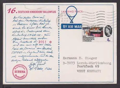 Flugpost Airmail Großbritannien Europa 1965 SST Ballonpost Kinderdorf Ballonflug