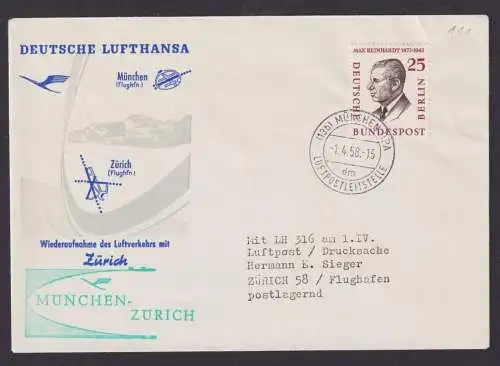 Bund Berlin Brief Flugpost Airmail EF 25 Pfg. Männer München Zürich Schweiz