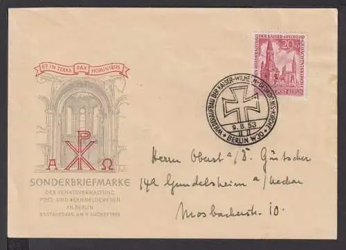 Berlin 108 Brief 20 Pfg Gedächtniskirche Luxus FDC vom 9.8.1953 Kat.-Wert 150,00