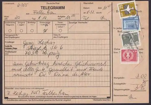 DDR Telegramm frankert MIF Aufbau + Flugpost Falkenhain Sachsen Leipzig Gebühr