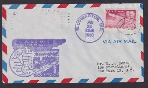 Flugpost Brief Air Mail USA Bloomington Indiana Erstflug New York 30.1.1950