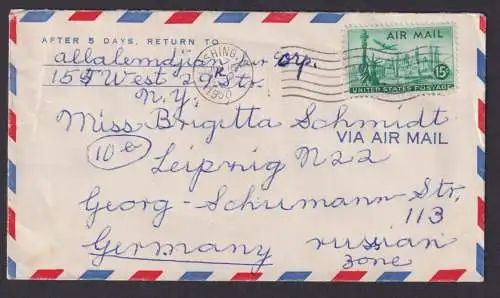 Flugpost Brief Air Mail USA Flushing Queens New York nach Leipzig 16.6.1950