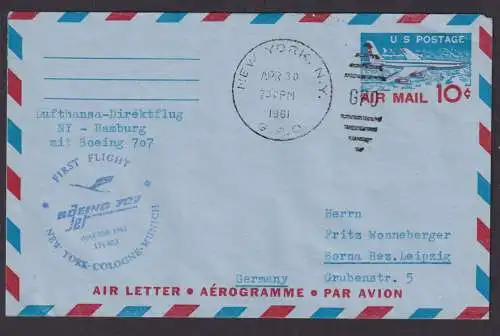 Flugpost Brief Air Mail Lufhansa Driektflug New York USA Hamburg Boeing 707