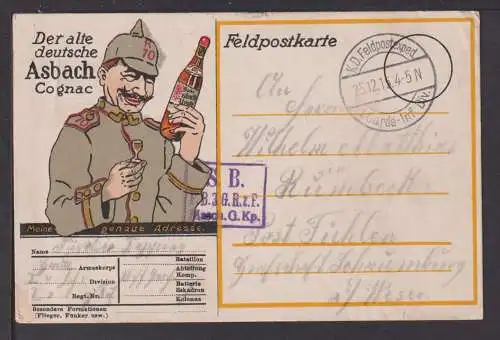 Reklame Ansichtskarte Asbach Cognac Alkohol Feldpostkarte 1. Garde-Inf. Div.