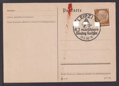 Deutsches Reich Brief selt. SST Adler HJ marschiert Gautag Sachsen 1938 Leipzig