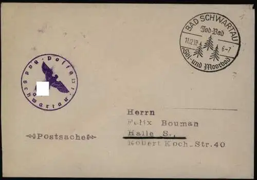 Dt. Reich Postsache aus Schwartau Schleswig Holstein n. Halle Saale 11.12.1939