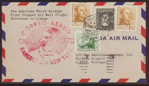 Flugpost air mail Spanien Barcelona New York USA nach Lissabon Portugal