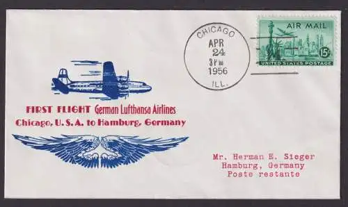 Flugpost Brief Air Mail Lufthansa Chicago Illionois hamburg 1956 Flugzeug