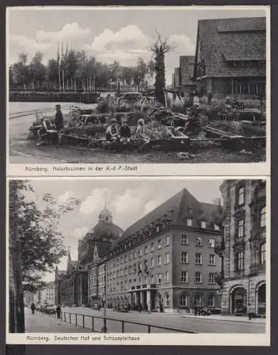 Ansichtskarte Nürnberg Bayern Doppelkarte Deutscher Hof Naturbrunnen K d F Stadt