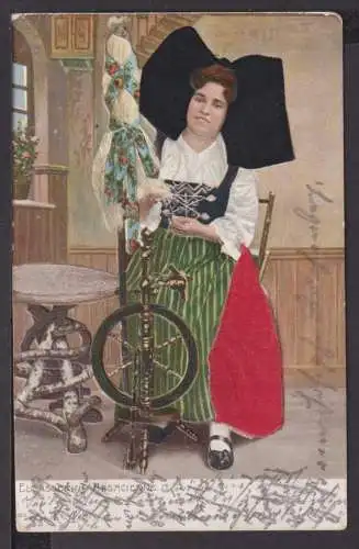 Ansichtskarte Frau in Tracht am Spinnrad geprägt 1904 Hindelang Bayern