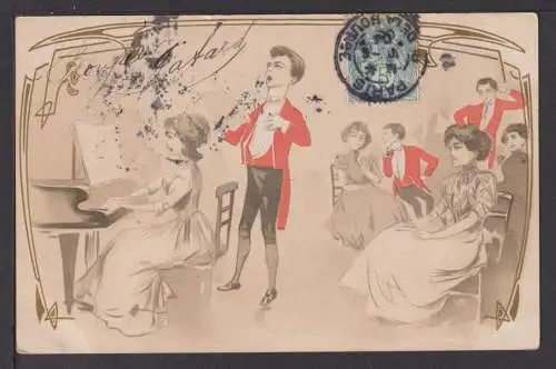 Jugendstil Künstler Ansichtskarte Musik Szene aus Modehaus A Saint-Joseph Paris