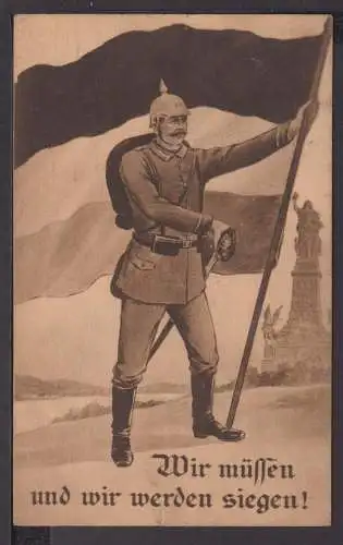 Ansichtskarte Patriotik Krieg Soldat mit Säbel u Fahne Feldpost 1915 Herxheim