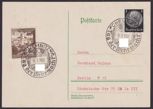 Postkarte Deutsches Reich selt. SST Chemnitz Tag der Wehrmacht WHW Berlin