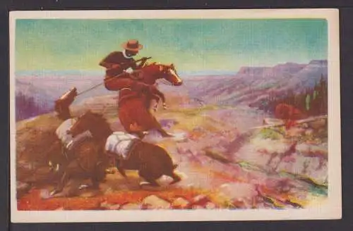 Ansichtskarte Künstlerkarte Western Litho Cards Cowboy meets Grizzly bear