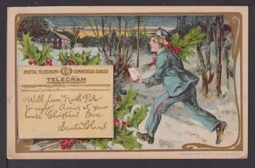 Jugendstil Künstler Litho Ansichtskarte Weihnachten Telegramm Santa Claus