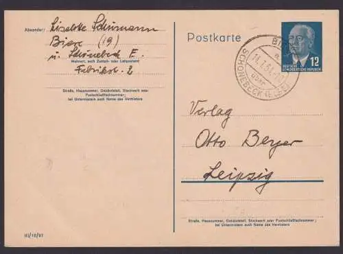 DDR Ganzsache P 58 Pieck Landpoststempel Biere Schönebeck Elbe Sachsen Anhalt